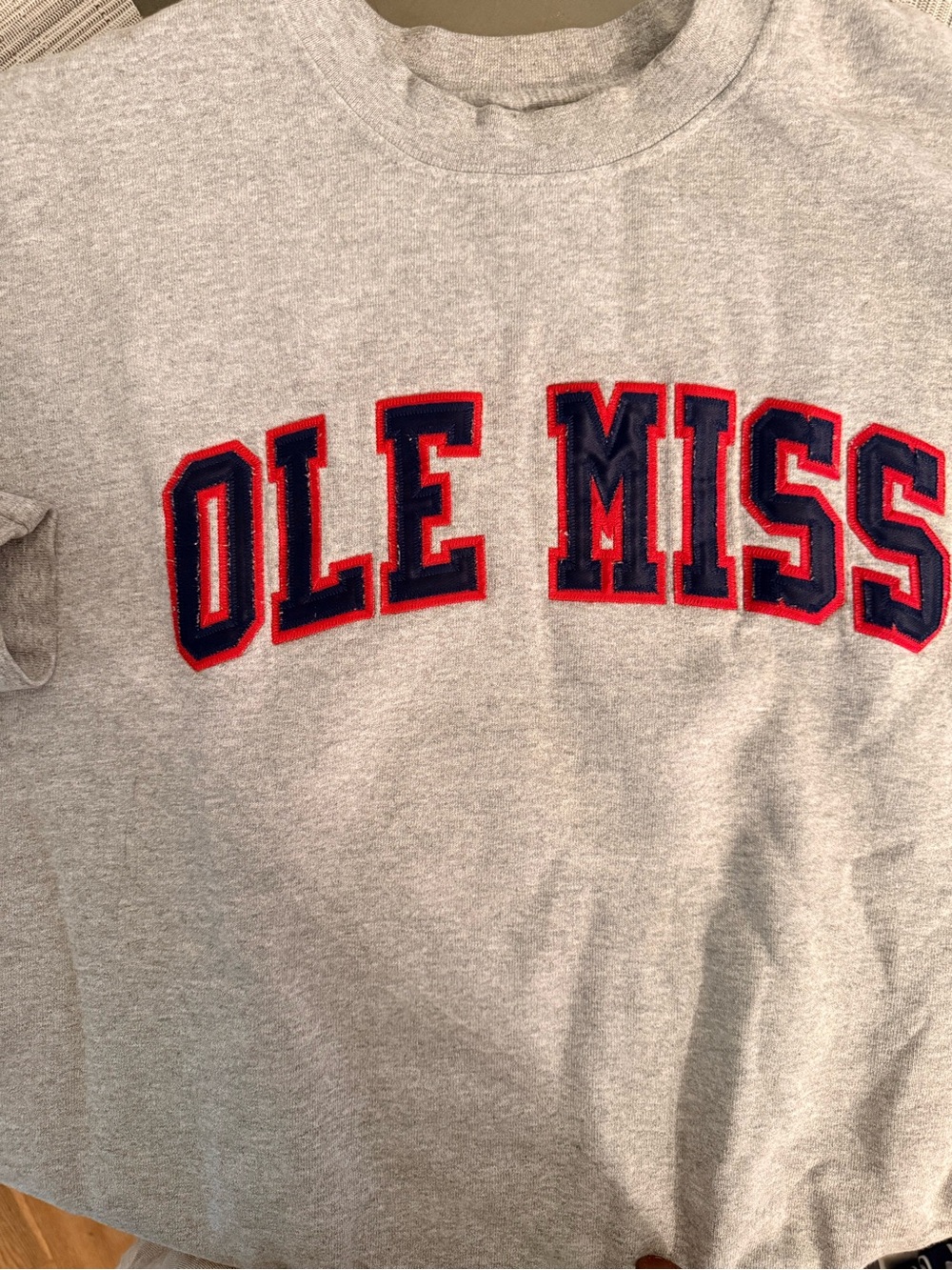 Majestic Gray Crewneck Sweatshirt with Red and Navy Ole Miss Applique
